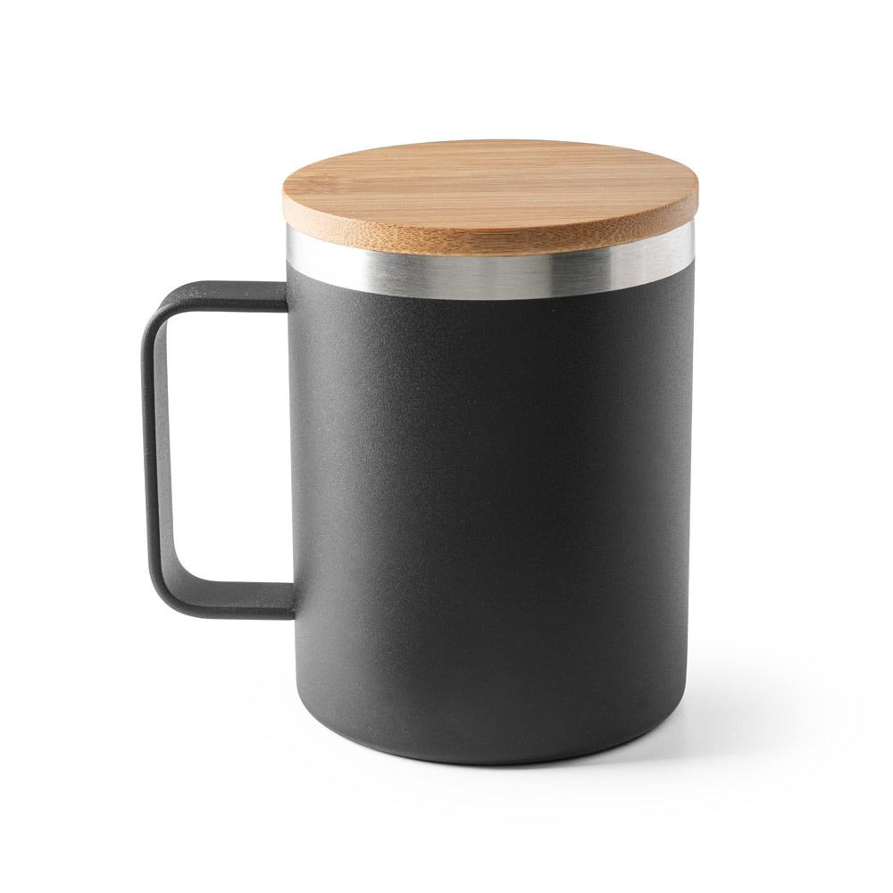 Copo de viagem em aço inox 90% reciclado, térmico com parede dupla isolada a vácuo e tampa em bambu 420 mL
