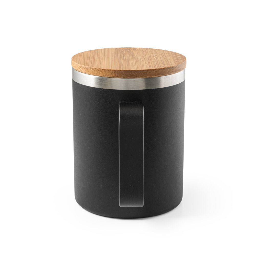 Copo de viagem em aço inox 90% reciclado, térmico com parede dupla isolada a vácuo e tampa em bambu 420 mL