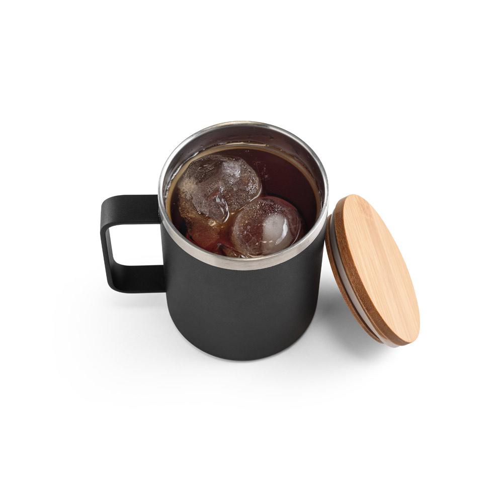 Copo de viagem em aço inox 90% reciclado, térmico com parede dupla isolada a vácuo e tampa em bambu 420 mL