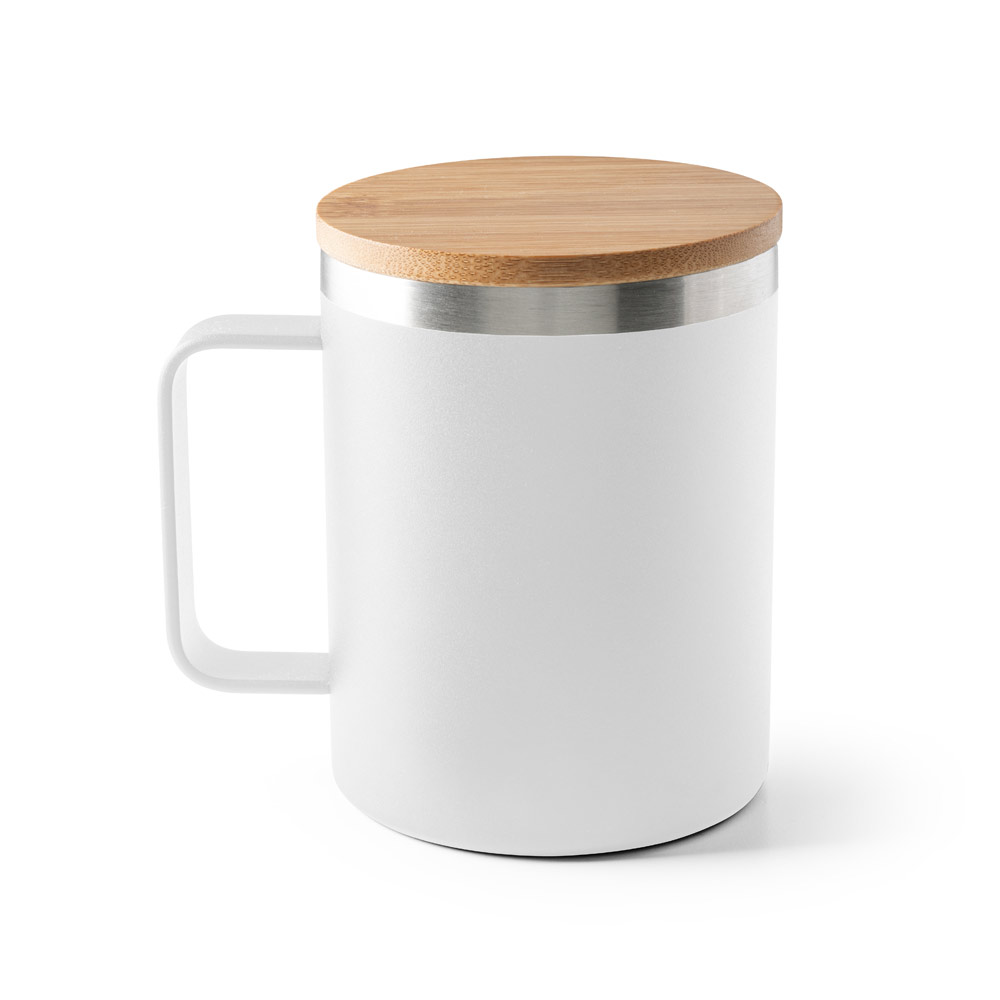 Copo de viagem em aço inox 90% reciclado, térmico com parede dupla isolada a vácuo e tampa em bambu 420 mL