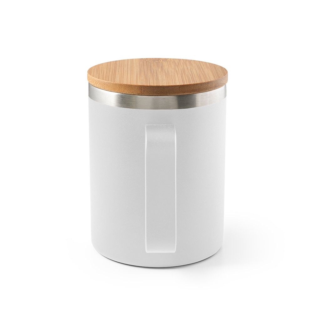 Copo de viagem em aço inox 90% reciclado, térmico com parede dupla isolada a vácuo e tampa em bambu 420 mL
