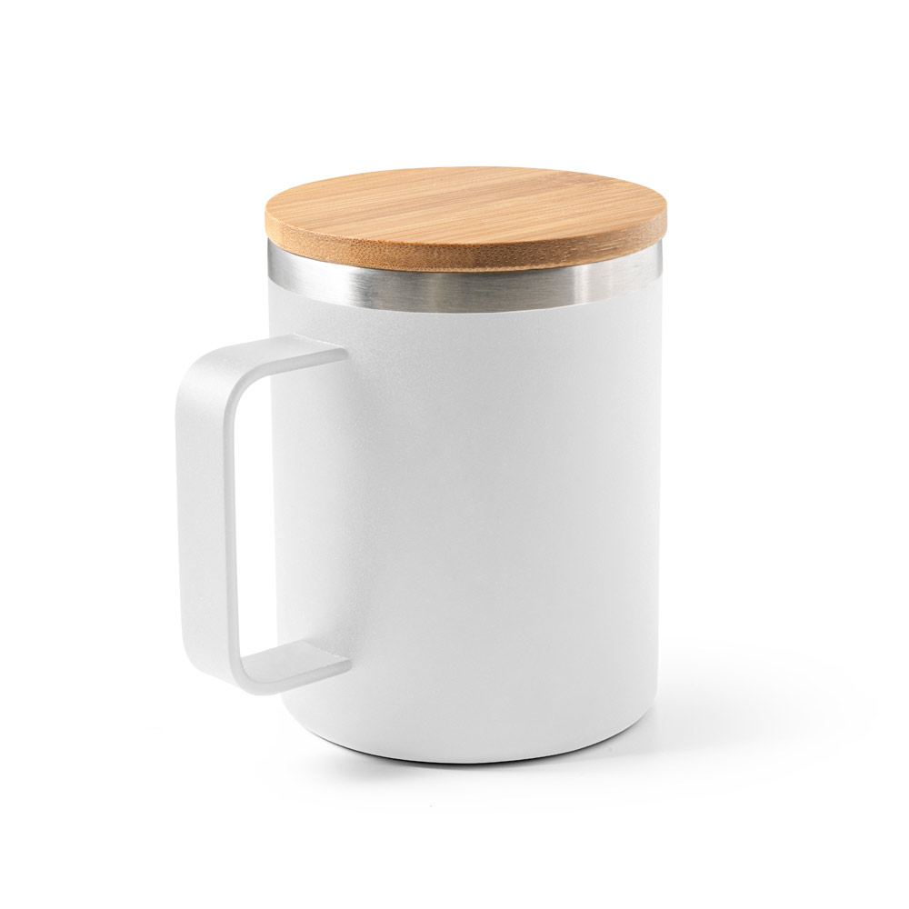 Copo de viagem em aço inox 90% reciclado, térmico com parede dupla isolada a vácuo e tampa em bambu 420 mL
