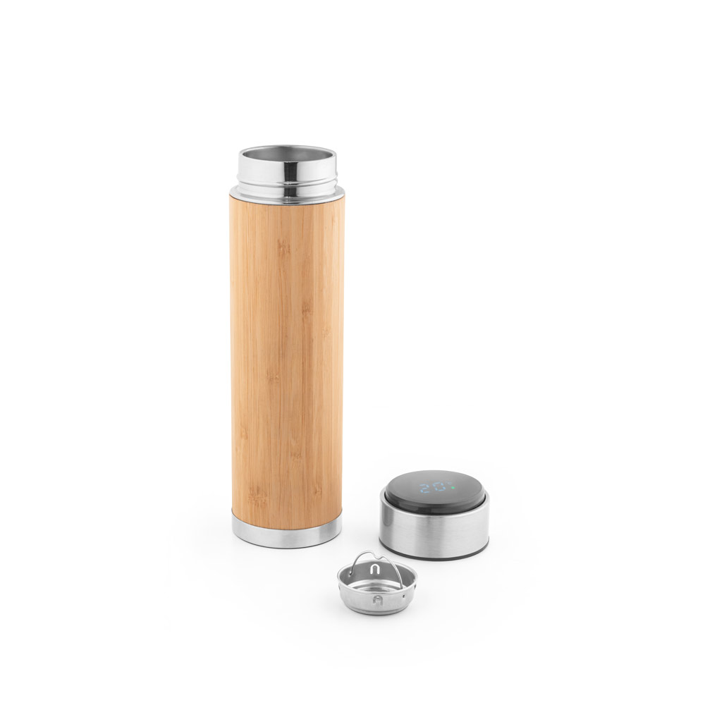 Garrafa em aço inox e bambu de parede dupla térmica, isolada a vácuo com termômetro digital 430 mL