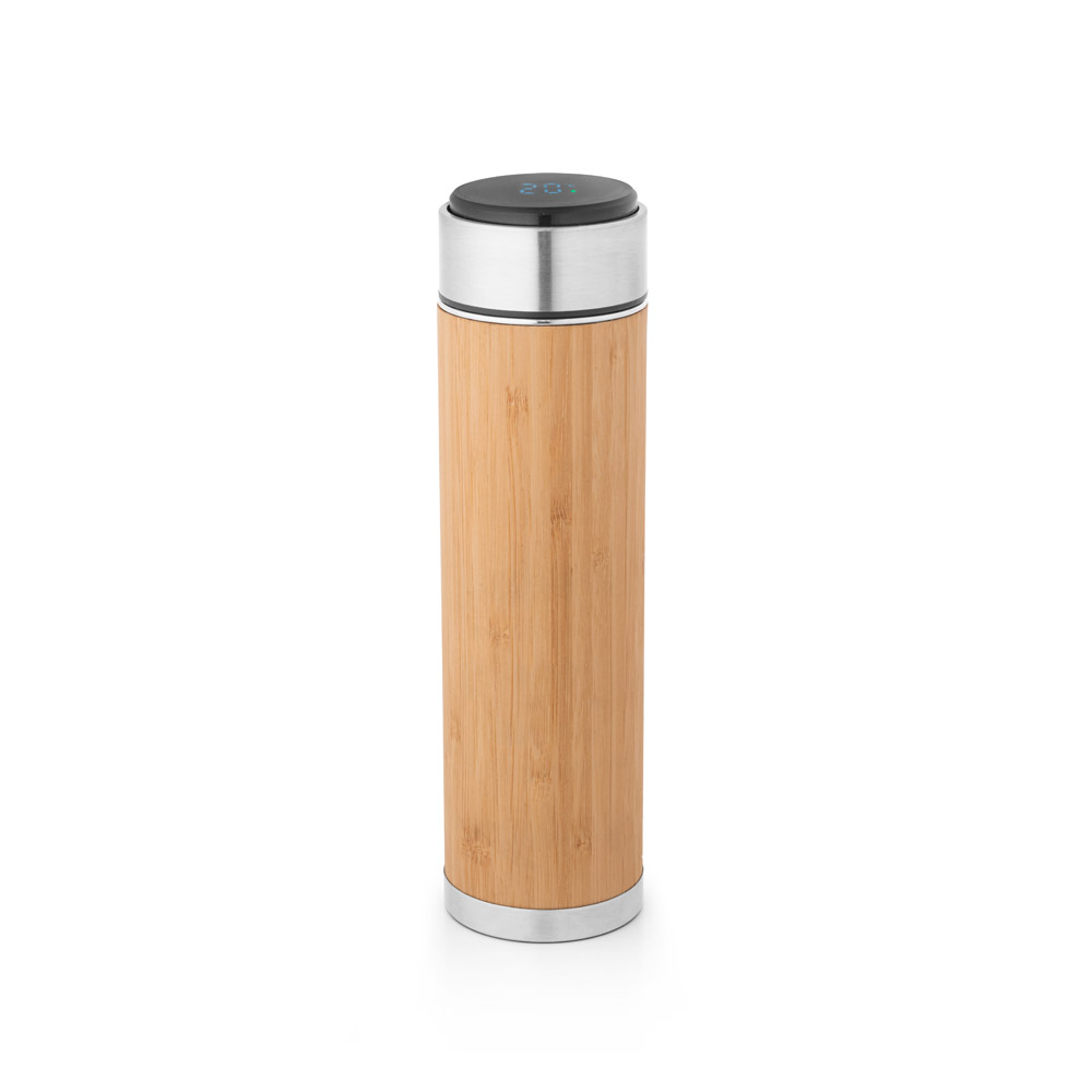 Garrafa em aço inox e bambu de parede dupla térmica, isolada a vácuo com termômetro digital 430 mL