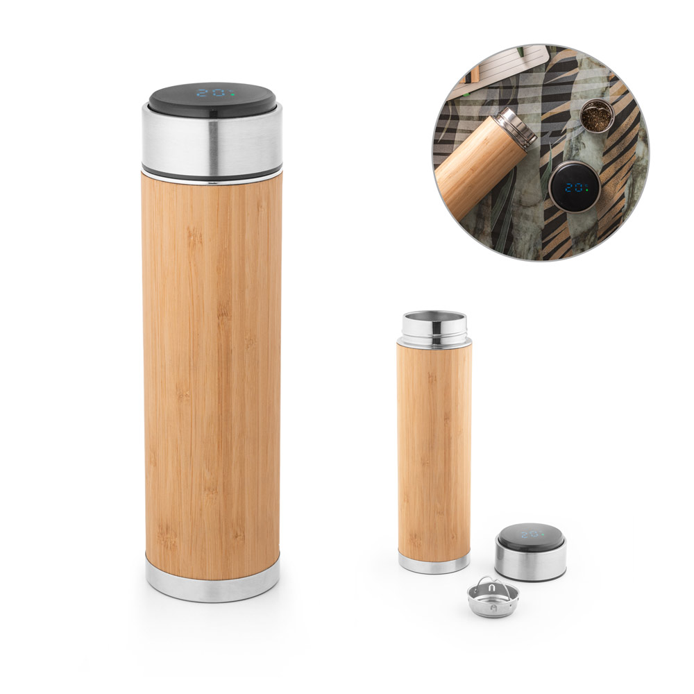 Garrafa em aço inox e bambu de parede dupla térmica, isolada a vácuo com termômetro digital 430 mL