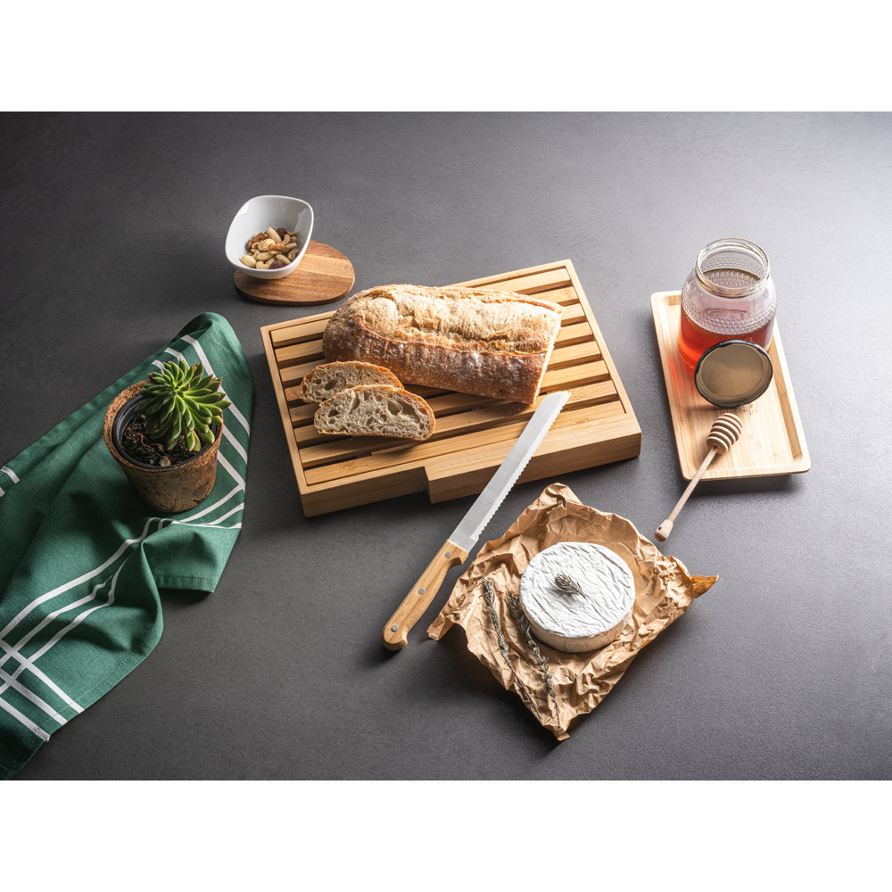 Tábua para pão em bambu com faca em aço inox