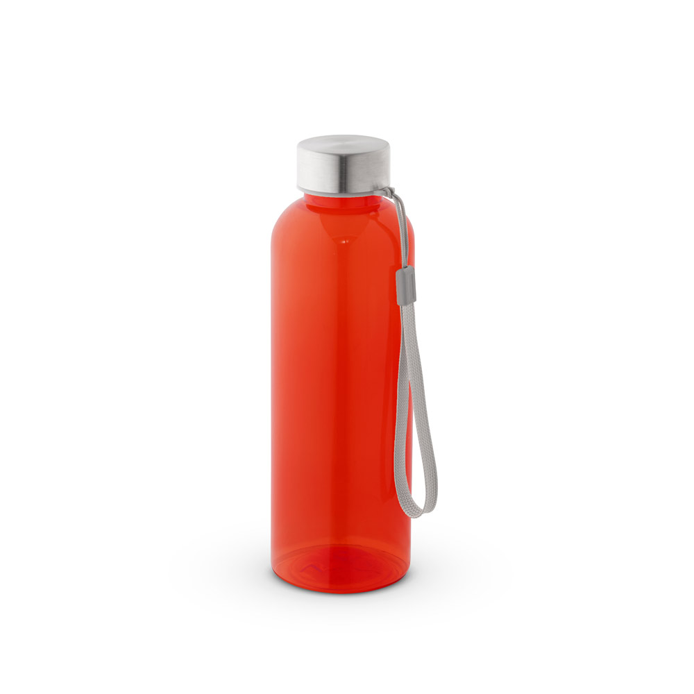 Squeeze em PET 100% reciclado e tampa em aço inox, com pega em corda 580 mL