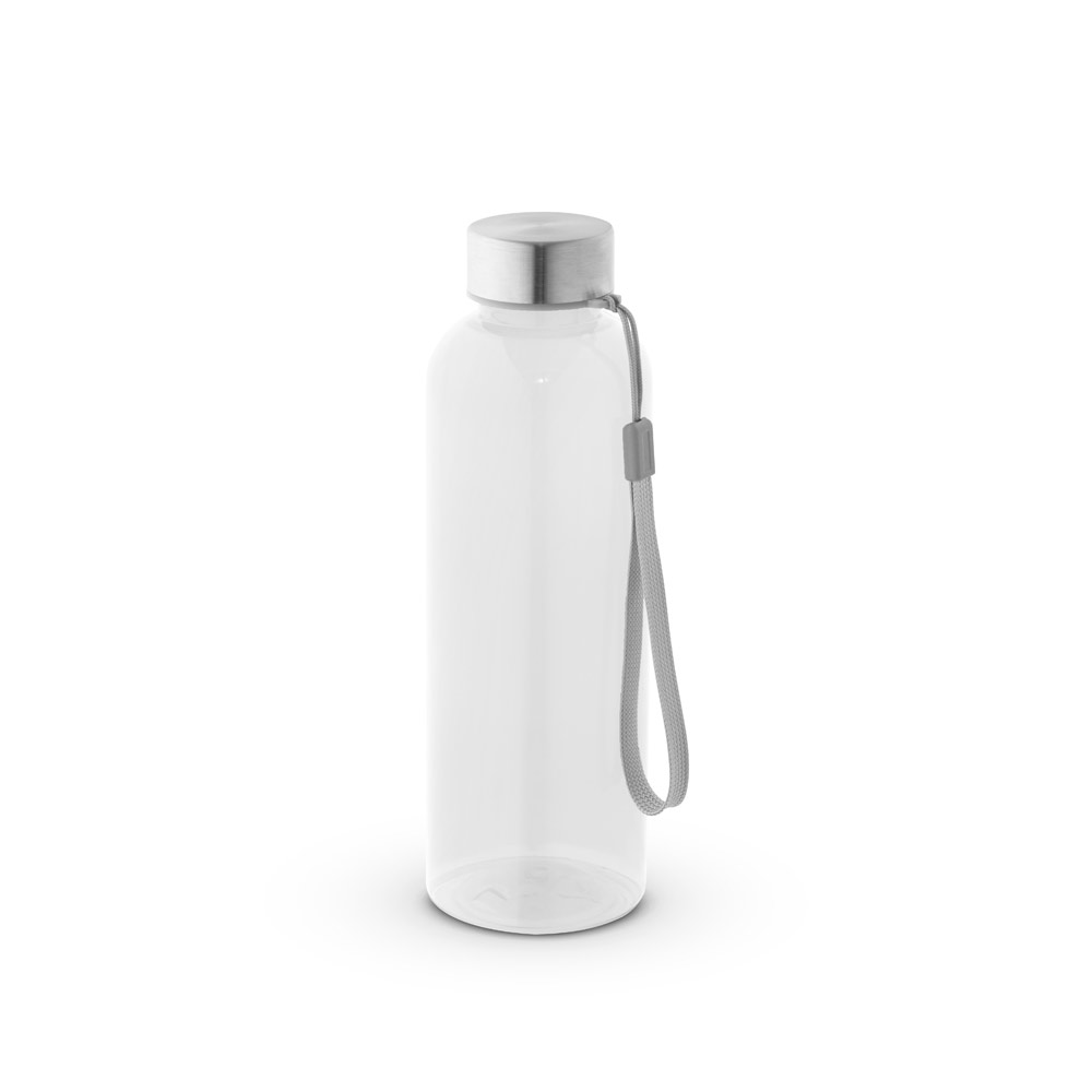 Squeeze em PET 100% reciclado e tampa em aço inox, com pega em corda 580 mL