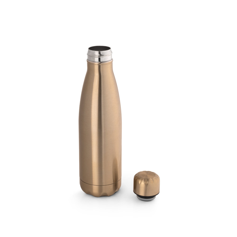 Garrafa em aço inox de parede dupla térmica, isolada a vácuo e acabamento metalizado 510 mL