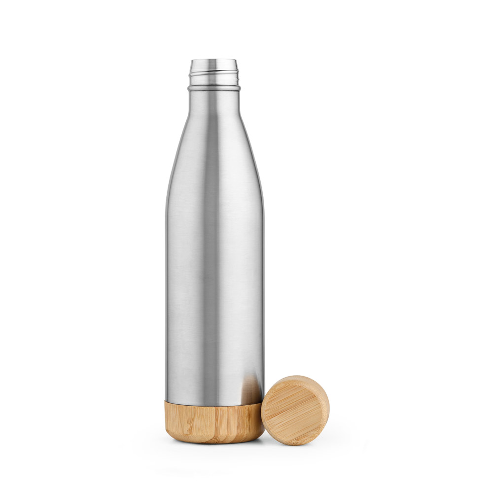 Garrafa em aço inox 90% reciclado de parede dupla térmica, isolada a vácuo com tampa em bambu 800 mL