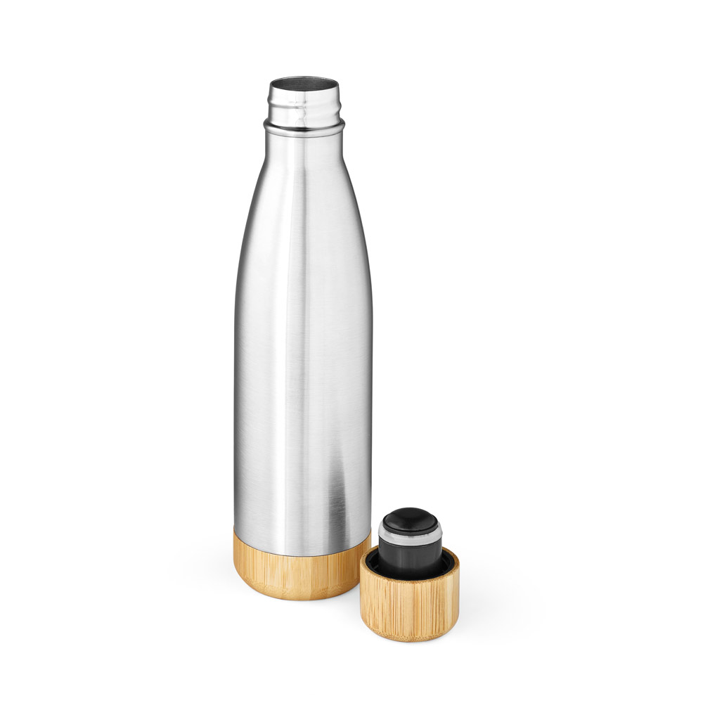 Garrafa em aço inox 90% reciclado de parede dupla térmica, isolada a vácuo com tampa em bambu 800 mL