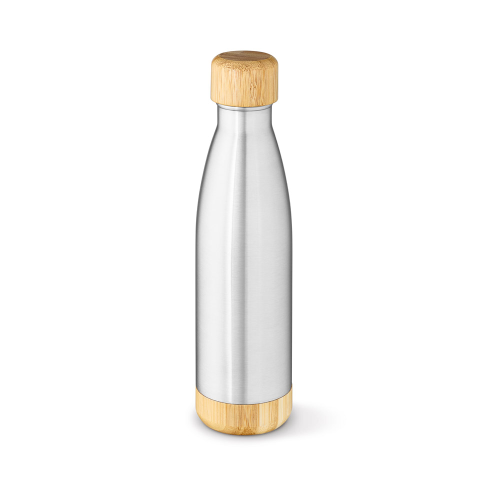 Garrafa em aço inox 90% reciclado de parede dupla térmica, isolada a vácuo com tampa em bambu 800 mL