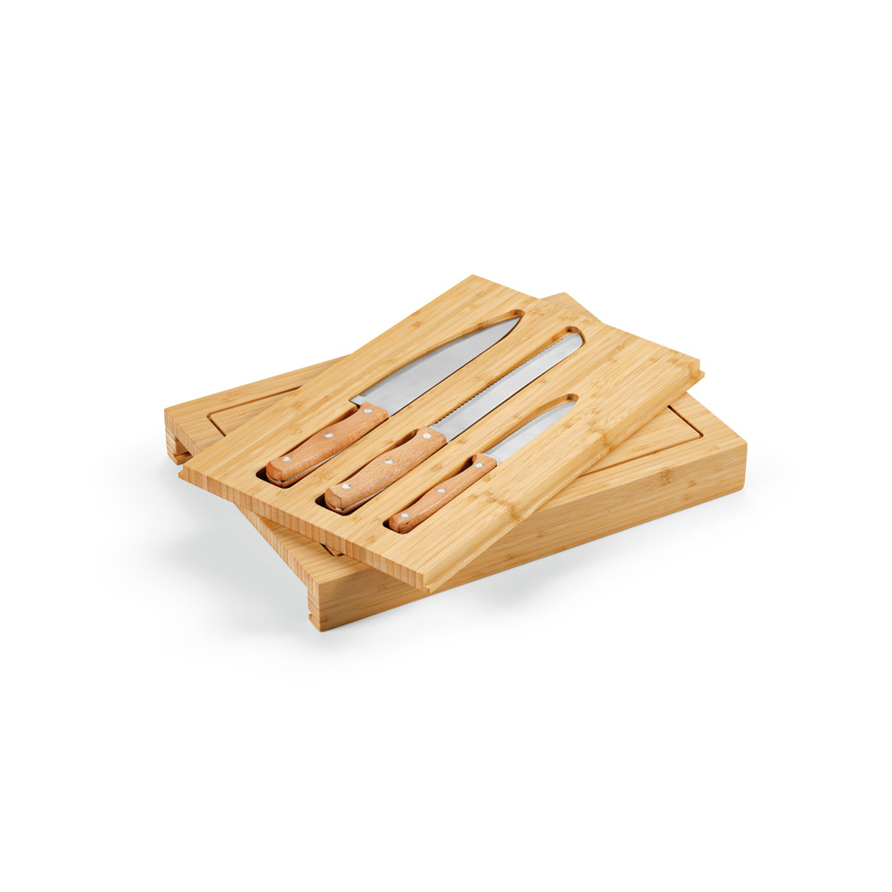 Conjunto de tábuas em bambu com 3 facas inclusas