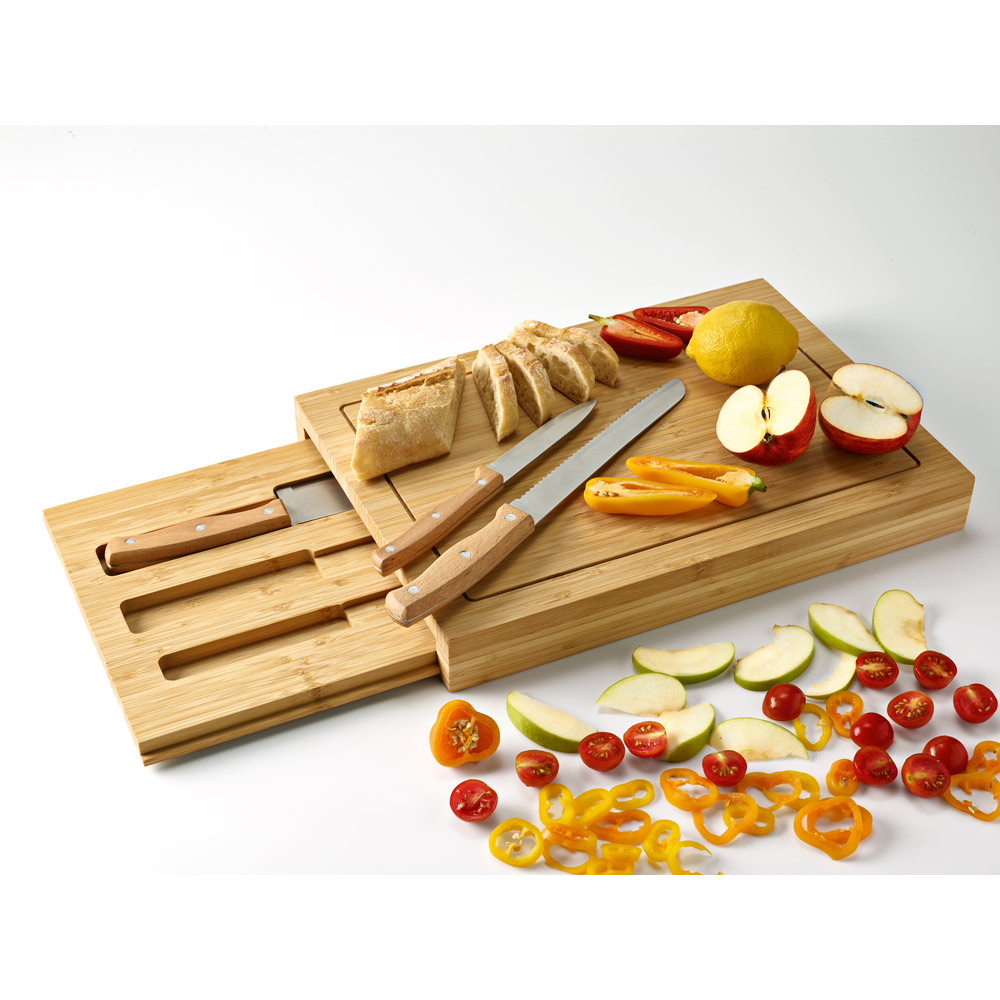 Conjunto de tábuas em bambu com 3 facas inclusas