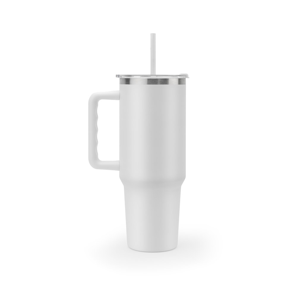 Copo de viagem de grande dimensão em aço inoxidável 91% reciclado com parede dupla isolada a vácuo e acabamento em mate 1300 mL