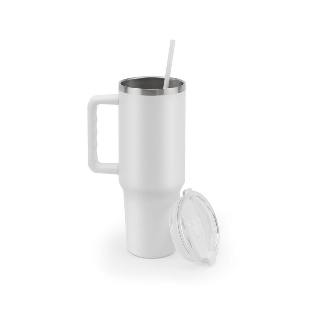 Copo de viagem de grande dimensão em aço inoxidável 91% reciclado com parede dupla isolada a vácuo e acabamento em mate 1300 mL