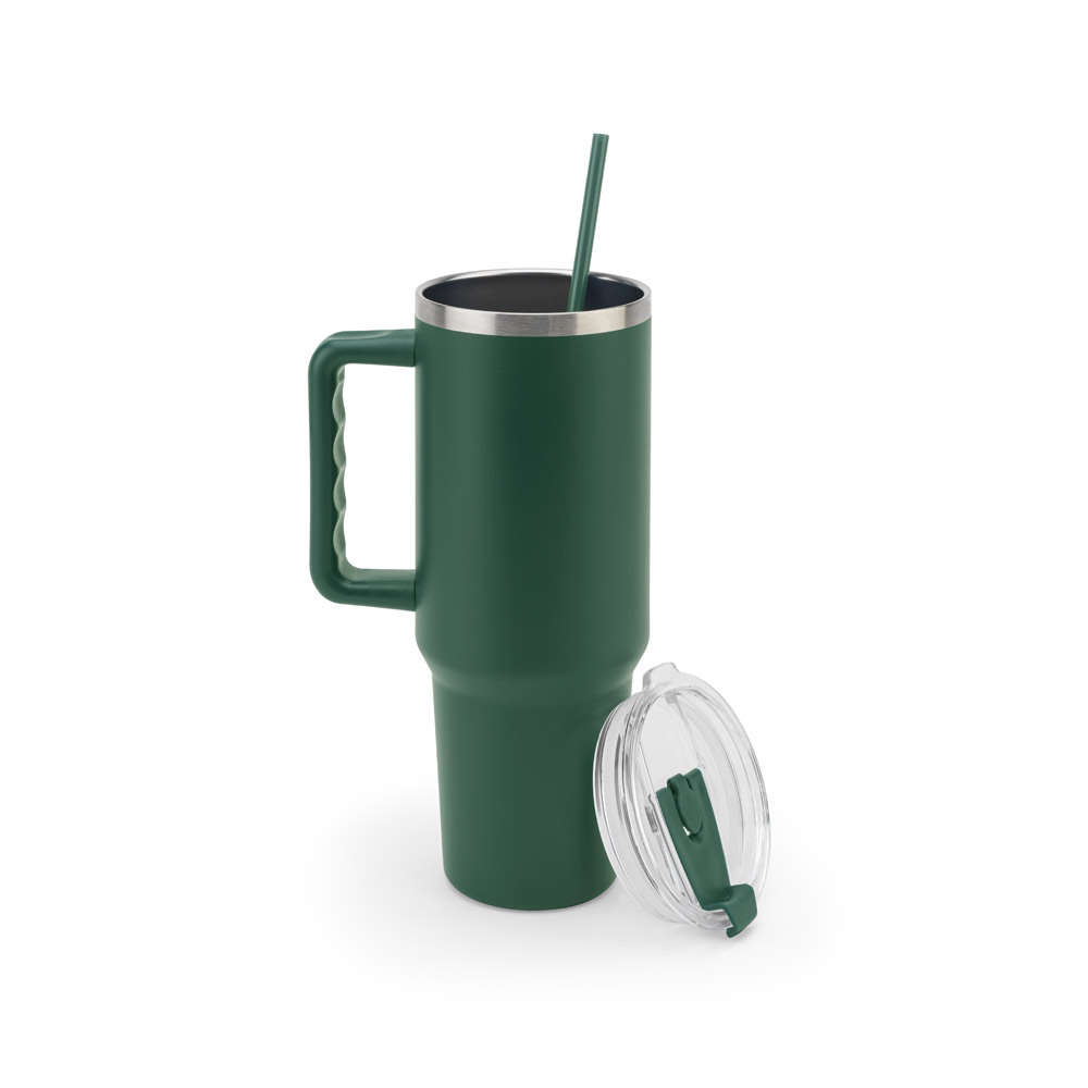 Copo de viagem de grande dimensão em aço inoxidável 91% reciclado com parede dupla isolada a vácuo e acabamento em mate 1300 mL