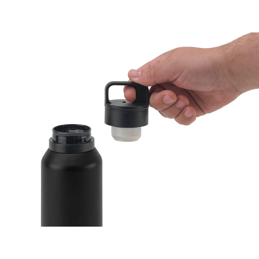 Garrafa em aço 91% inoxidável com parede dupla isolada a vácuo e botão que facilita sua abertura 590 mL