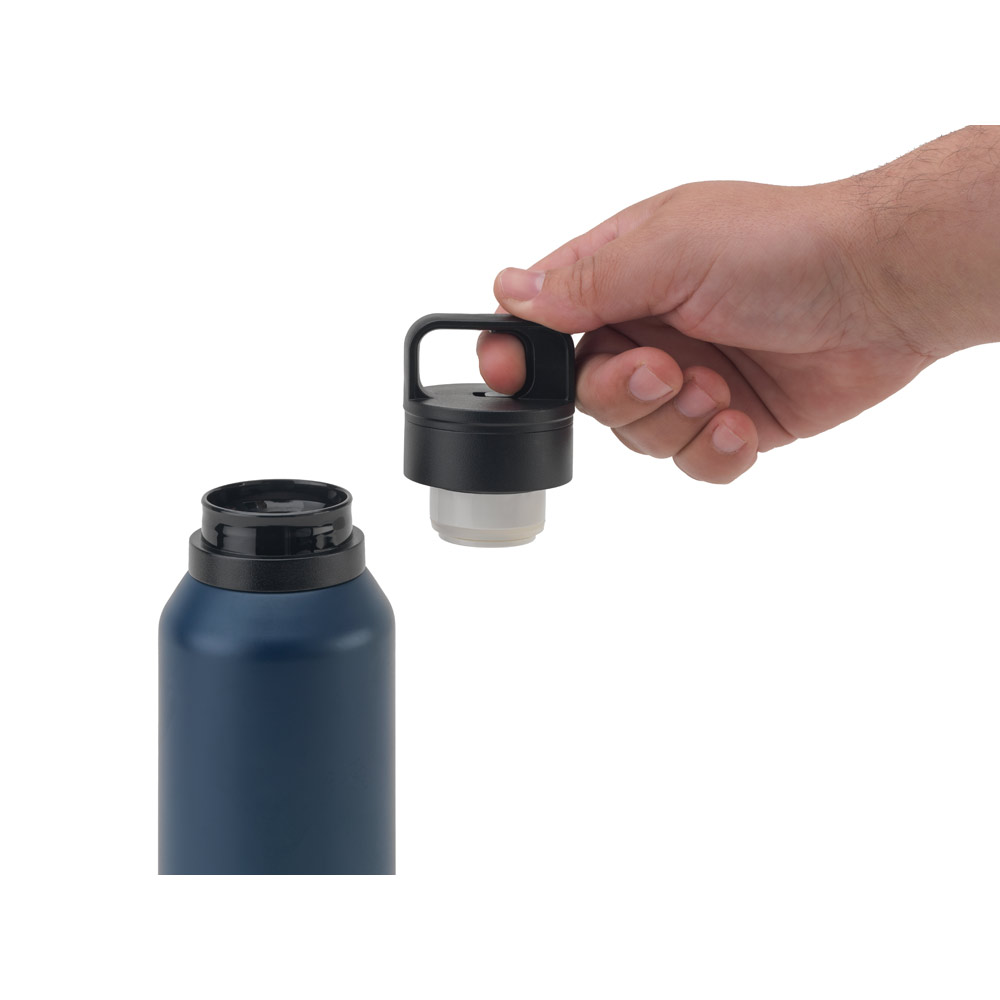 Garrafa em aço 91% inoxidável com parede dupla isolada a vácuo e botão que facilita sua abertura 590 mL
