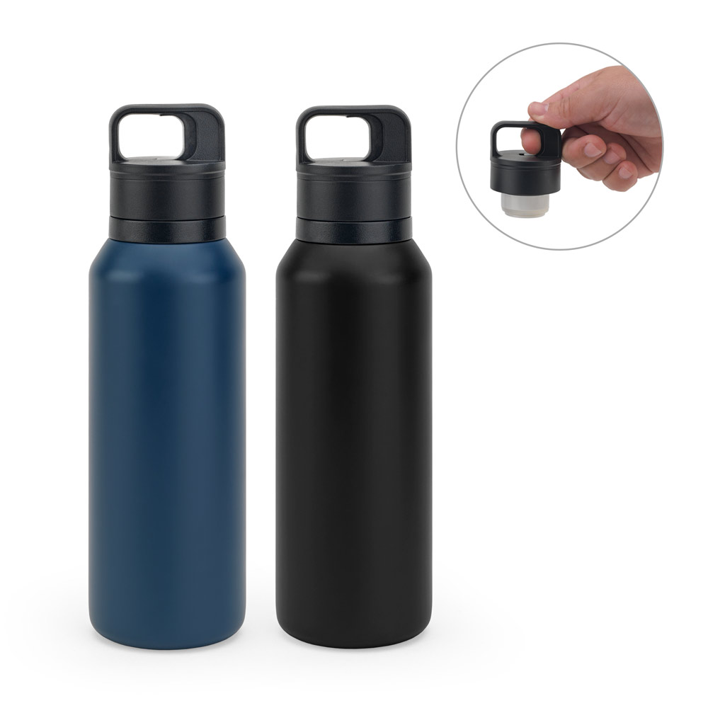 Garrafa em aço 91% inoxidável com parede dupla isolada a vácuo e botão que facilita sua abertura 590 mL