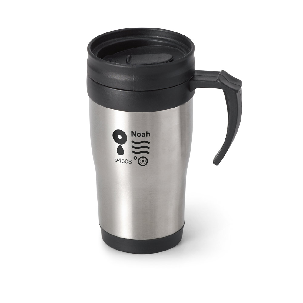Caneca de viagem térmica de aço inox e PP, de parede dupla isolada a ar 420 mL