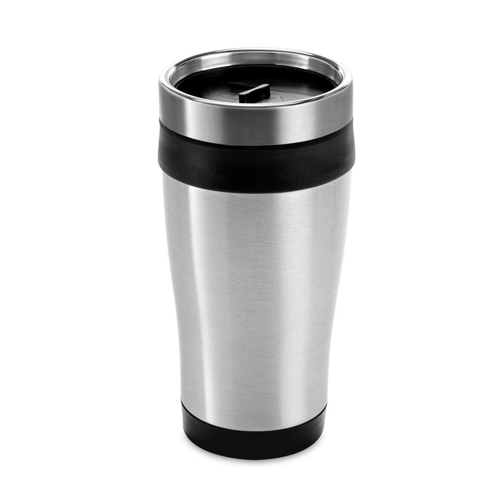 Copo de viagem em aço inox e PP, térmico com parede dupla isolada a ar 420 mL