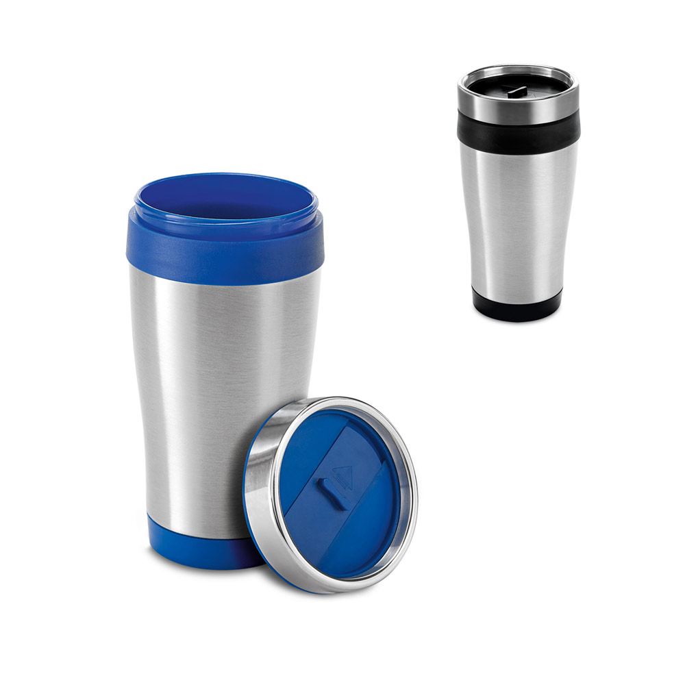 Copo de viagem em aço inox e PP, térmico com parede dupla isolada a ar 420 mL