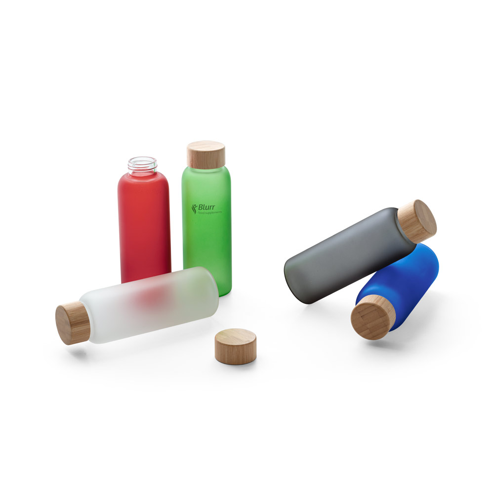 Squeeze de vidro borossilicato fosco com tampa em bambu 500 mL