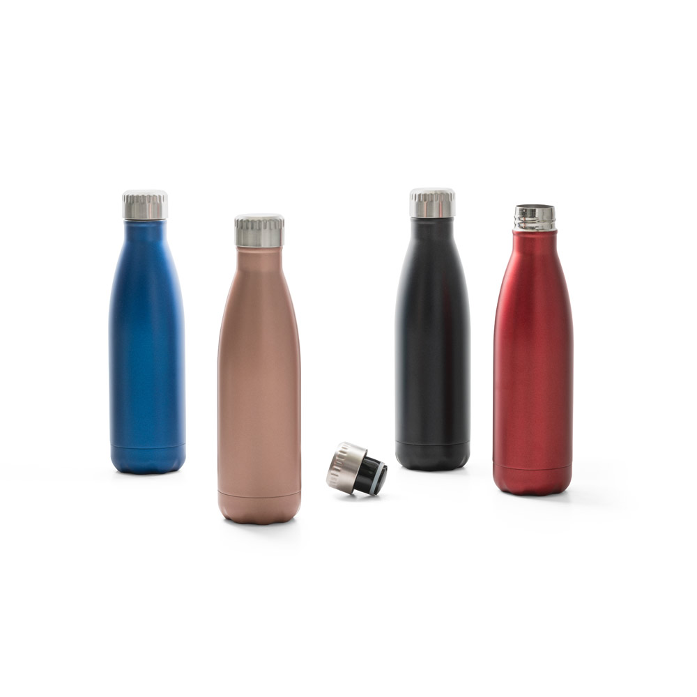 Garrafa em aço inox de parede dupla térmica, isolada a vácuo, com tampa em aço inox 500 mL