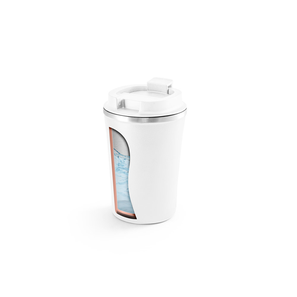 Copo de viagem em aço inox e PP, térmico com parede dupla isolada a vácuo 470 mL