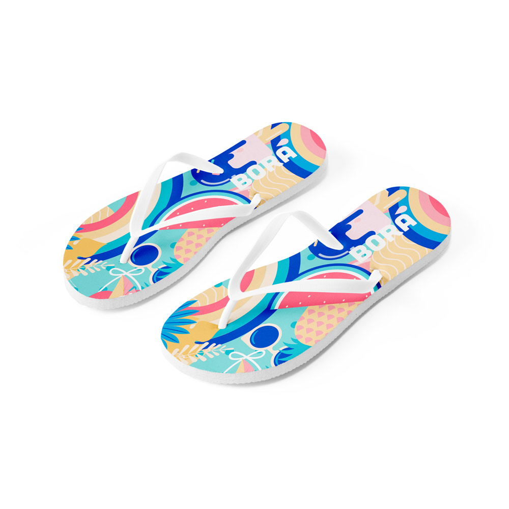 Chinelos com sola em EVA e totalmente personalizável em sublimação e tira em PVC