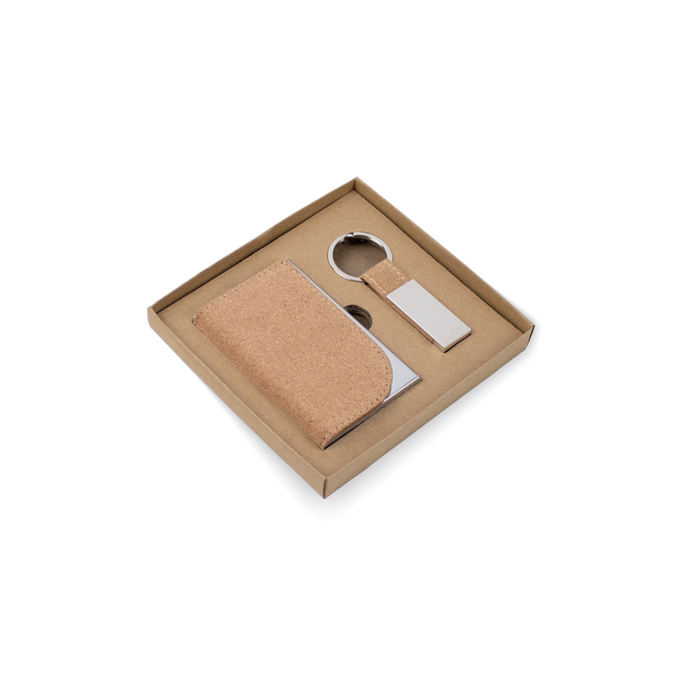 Conjunto composto por um porta-cartões e chaveiro, ambos em metal e cortiça