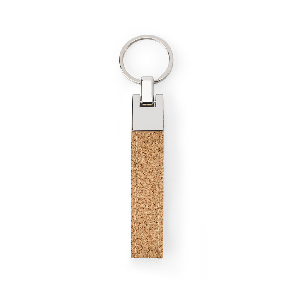 Conjunto composto por uma esferográfica e chaveiro, ambos em metal e cortiça