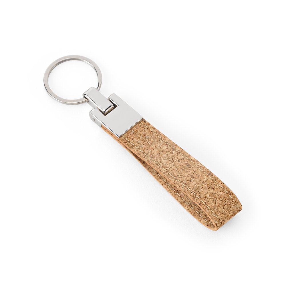 Conjunto composto por uma esferográfica e chaveiro, ambos em metal e cortiça