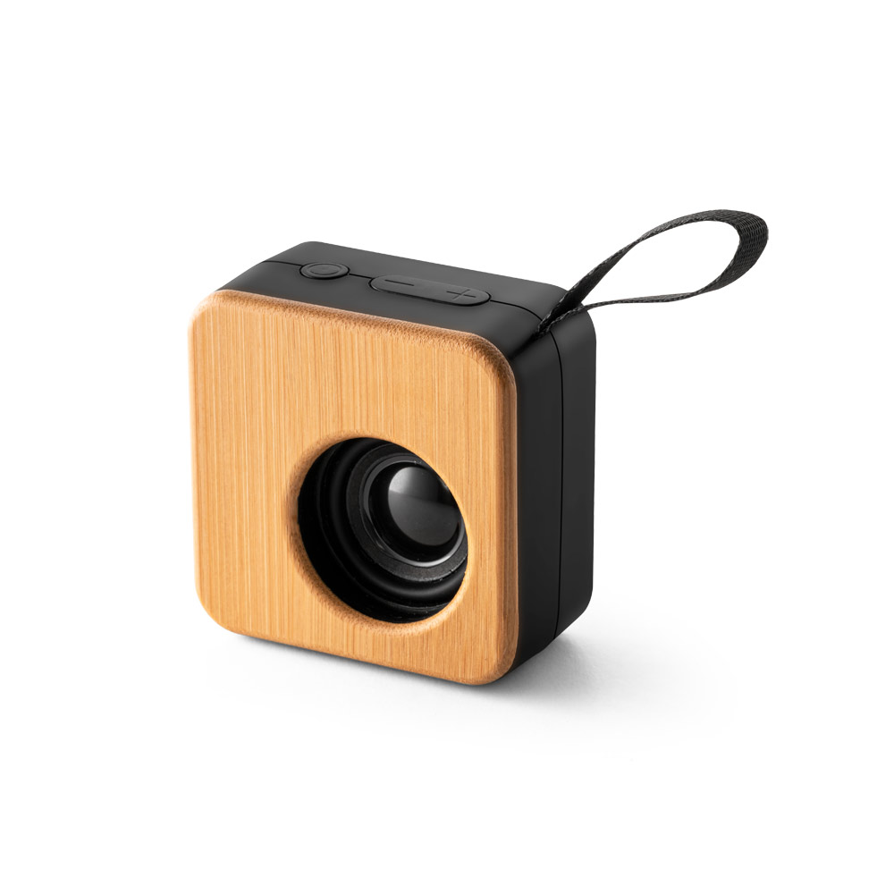 Caixa de som portátil em bambu e ABS 100% reciclado com autonomia de 4h