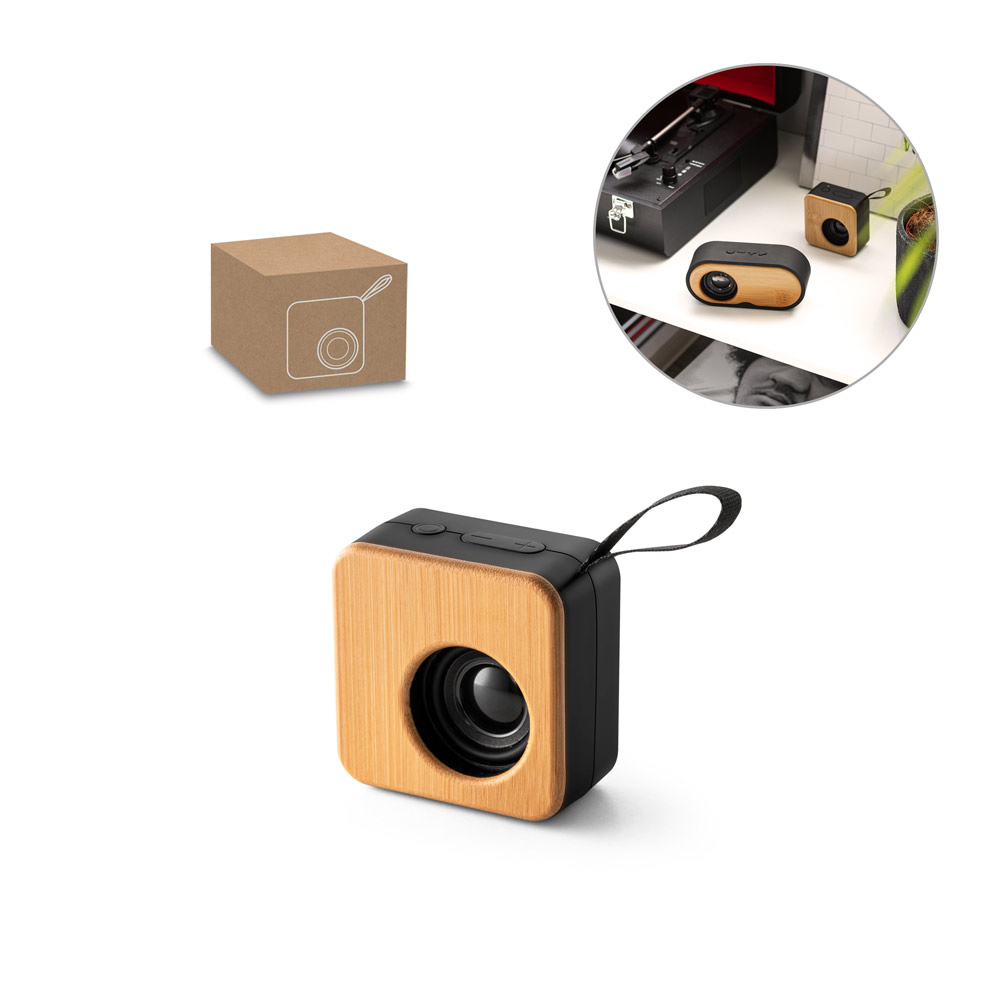 Caixa de som portátil em bambu e ABS 100% reciclado com autonomia de 4h