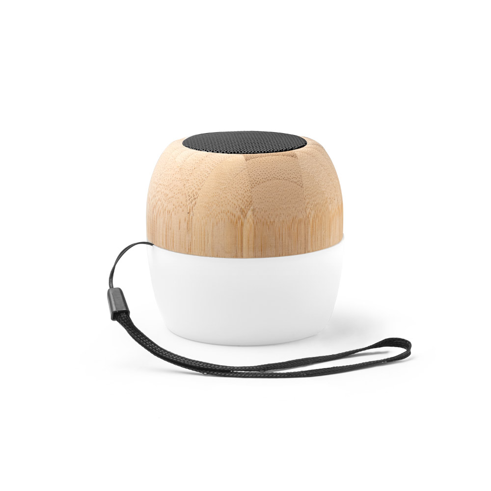 Caixa de som portátil em bambu e PP com microfone e autonomia de 2h