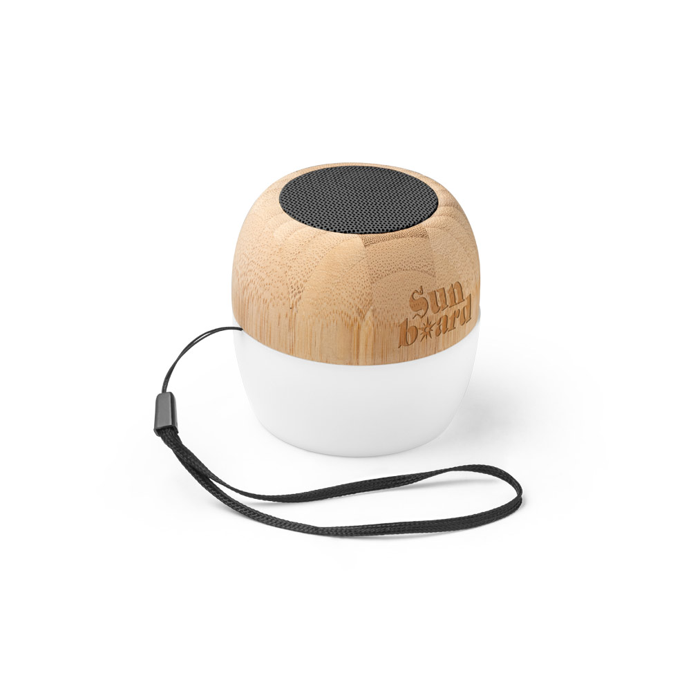 Caixa de som portátil em bambu e PP com microfone e autonomia de 2h