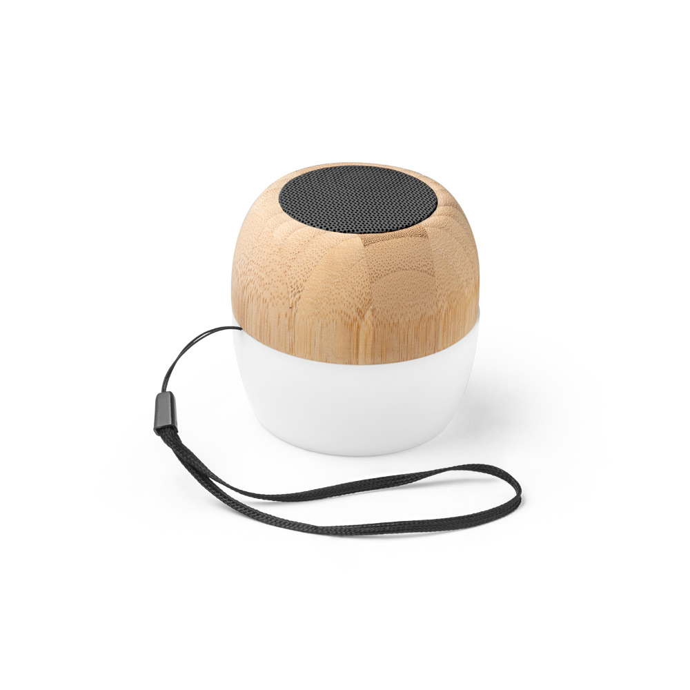 Caixa de som portátil em bambu e PP com microfone e autonomia de 2h