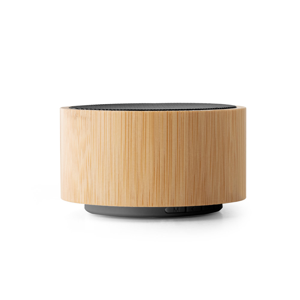 Caixa de som portátil em bambu e ABS com microfone e autonomia de 2h