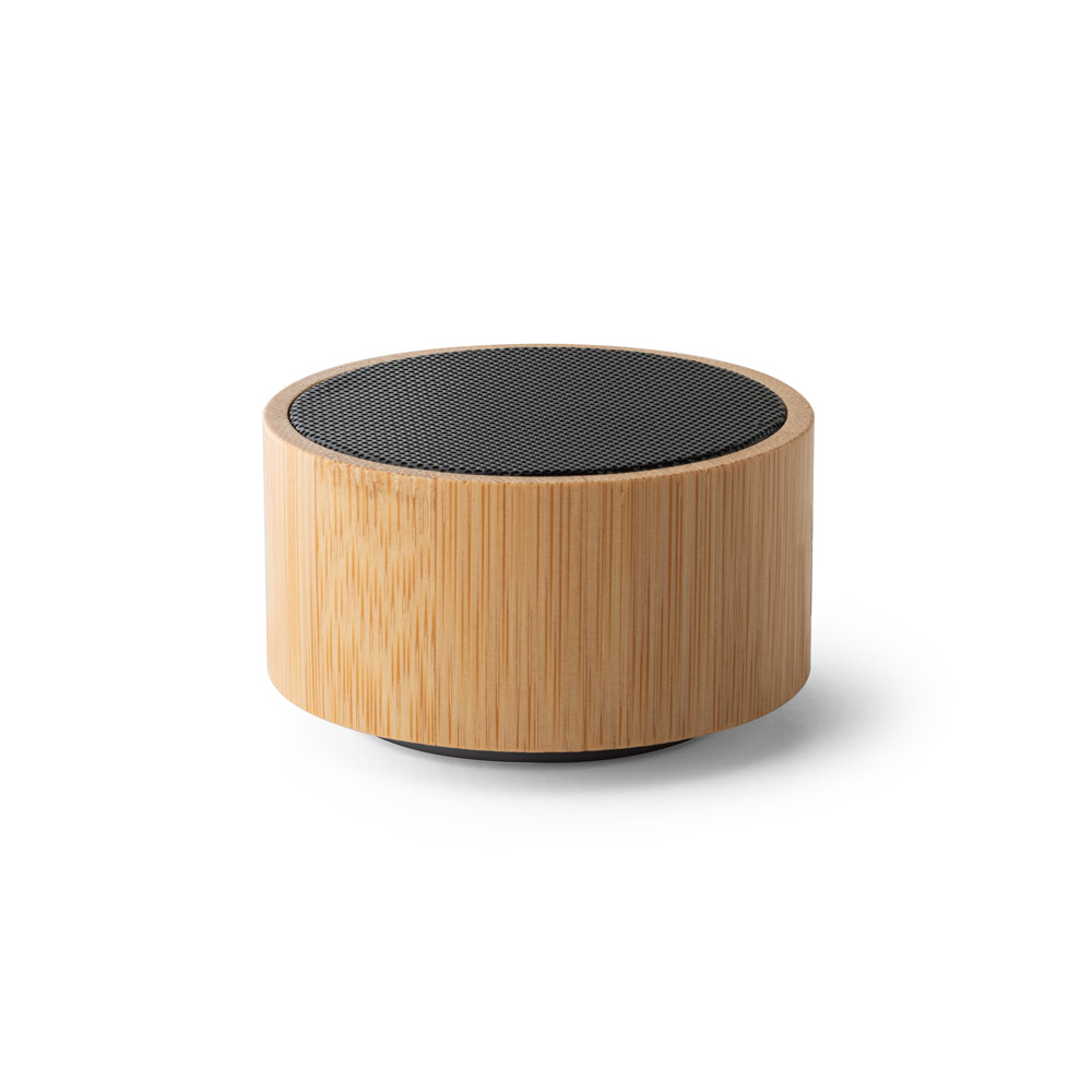 Caixa de som portátil em bambu e ABS com microfone e autonomia de 2h