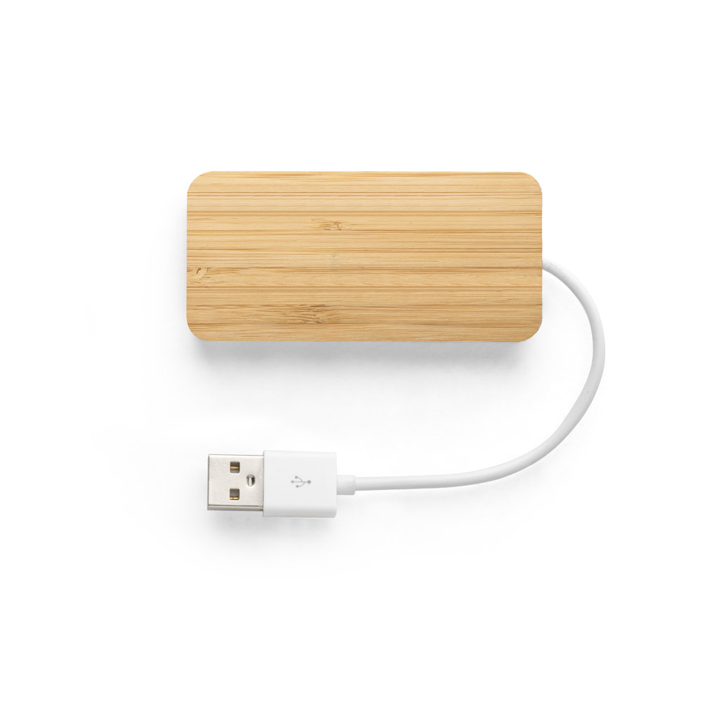 Hub em bambu com 2 portas que permite a transferência de dados