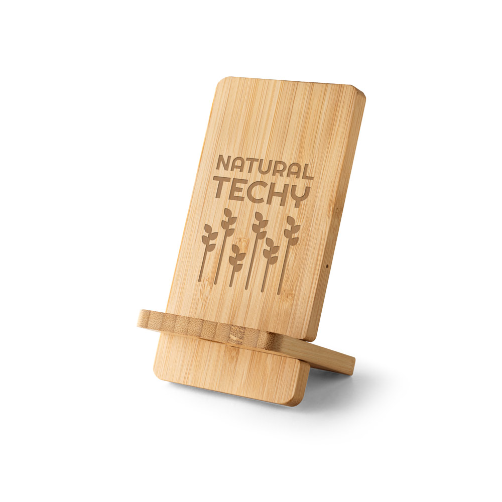 Carregador por indução (wireless) super-rápido e suporte em bambu para smartphone 15 W