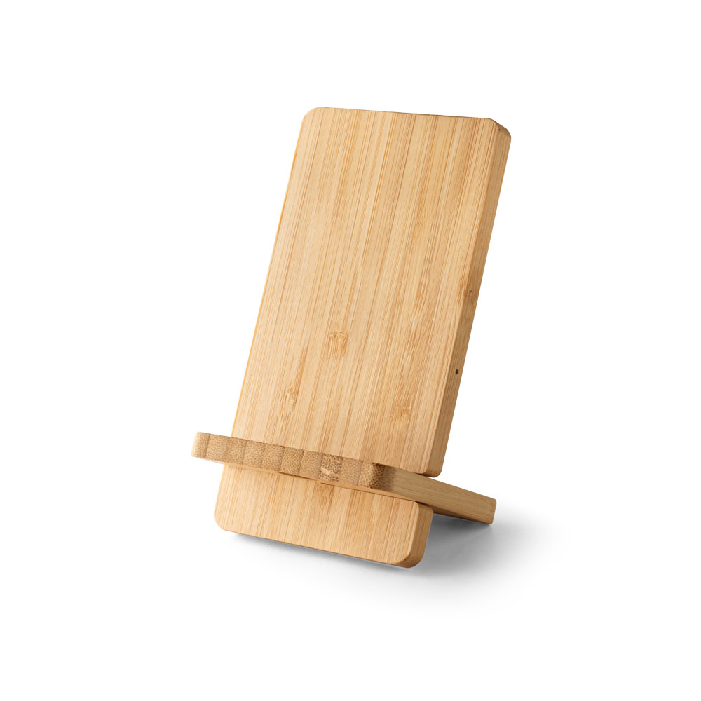 Carregador por indução (wireless) super-rápido e suporte em bambu para smartphone 15 W