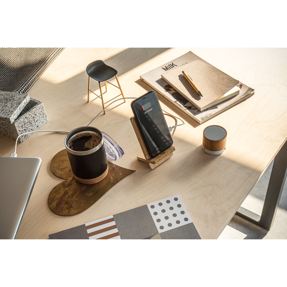 Carregador por indução (wireless) super-rápido e suporte em bambu para smartphone 15 W