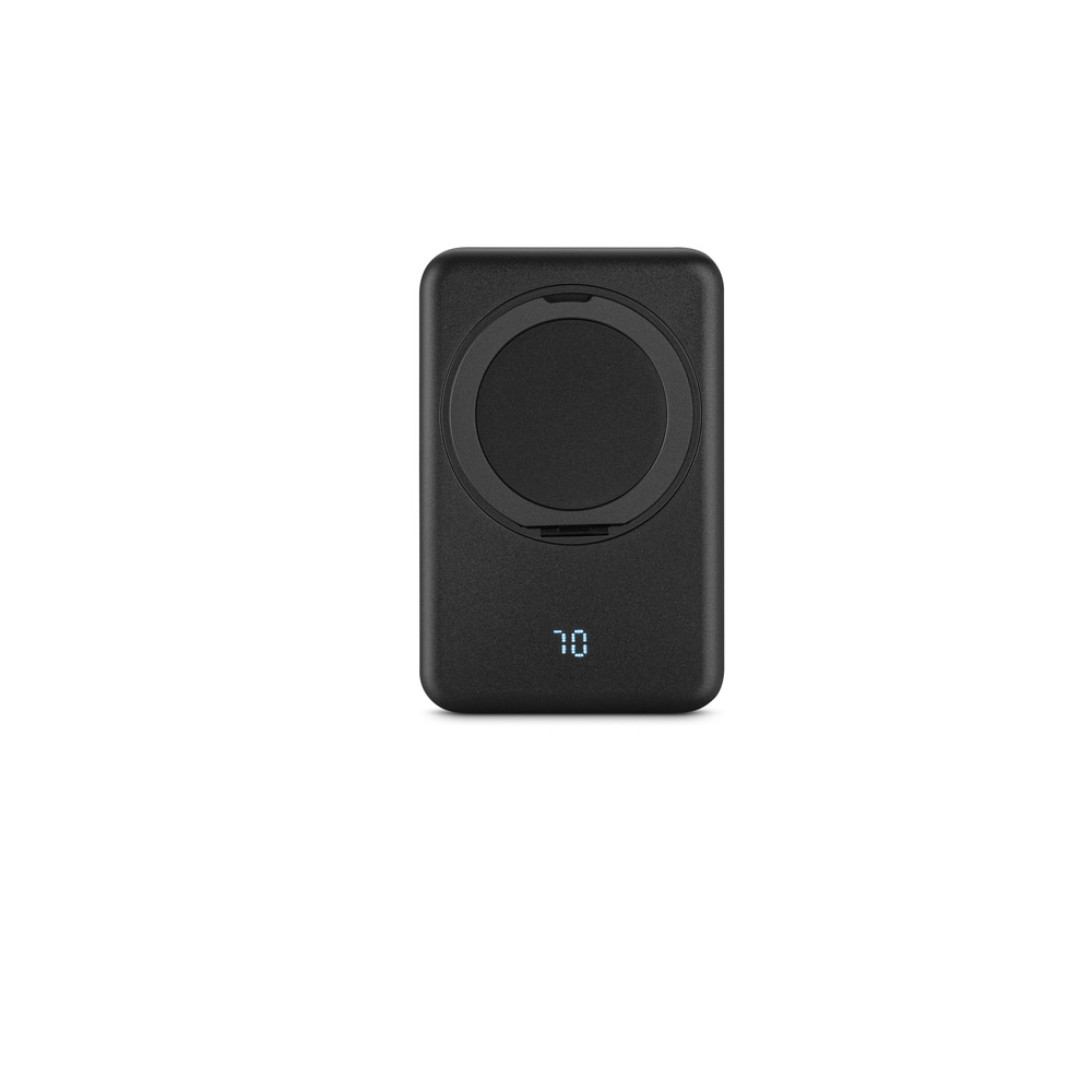 Bateria portátil magnética em ABS 100% reciclado com suporte, carregador por indução (wireless) super-rápido 15W e capacidade de 5'000 mAh