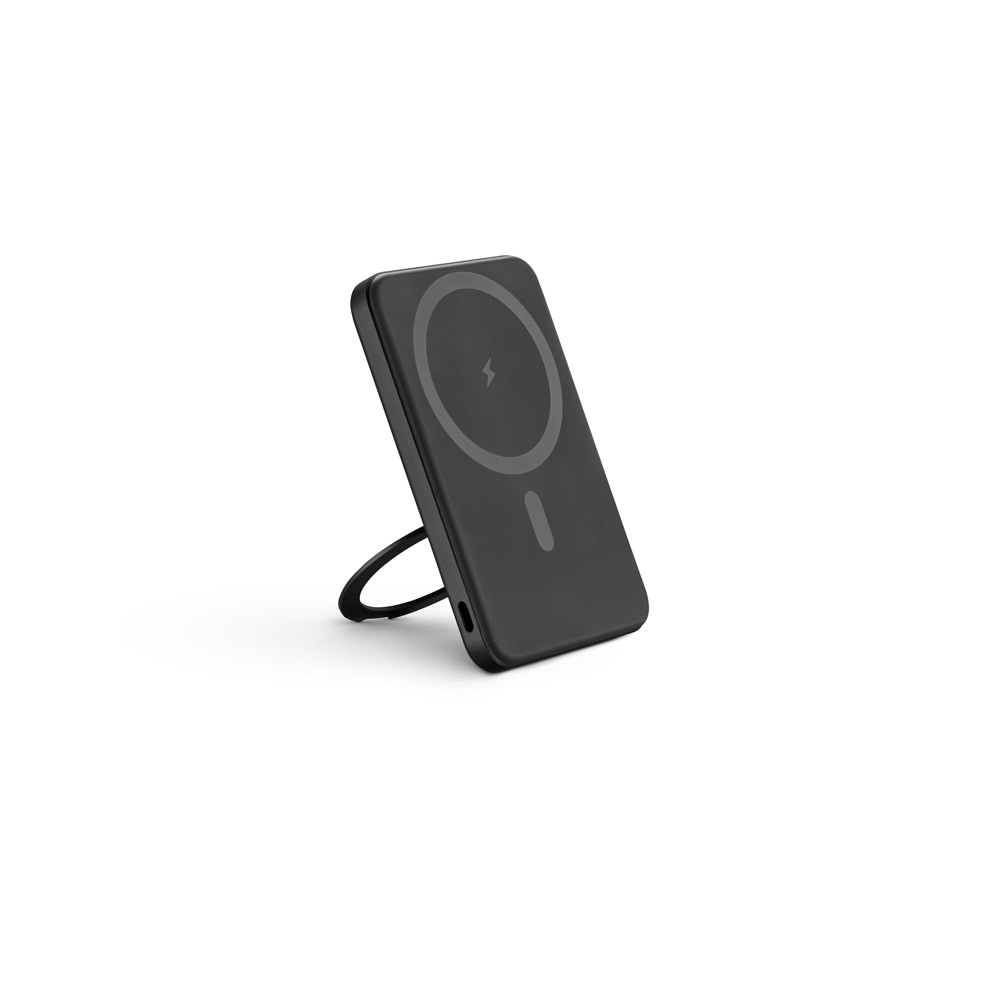 Bateria portátil magnética em ABS 100% reciclado com suporte, carregador por indução (wireless) super-rápido 15W e capacidade de 5'000 mAh