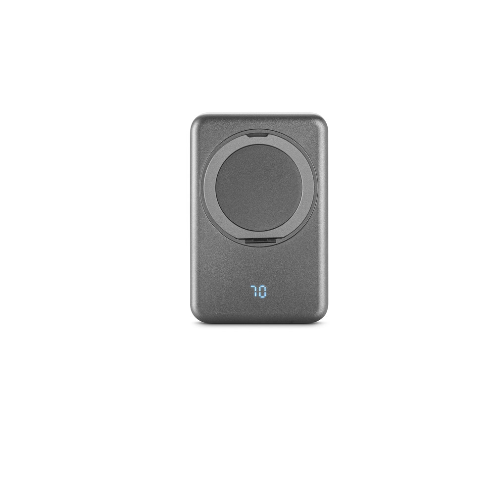 Bateria portátil magnética em ABS 100% reciclado com suporte, carregador por indução (wireless) super-rápido 15W e capacidade de 5'000 mAh