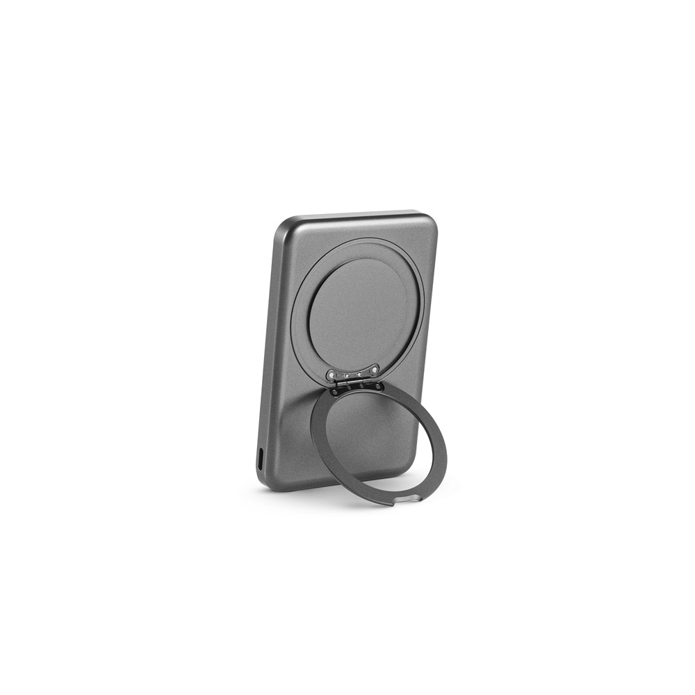 Bateria portátil magnética em ABS 100% reciclado com suporte, carregador por indução (wireless) super-rápido 15W e capacidade de 5'000 mAh