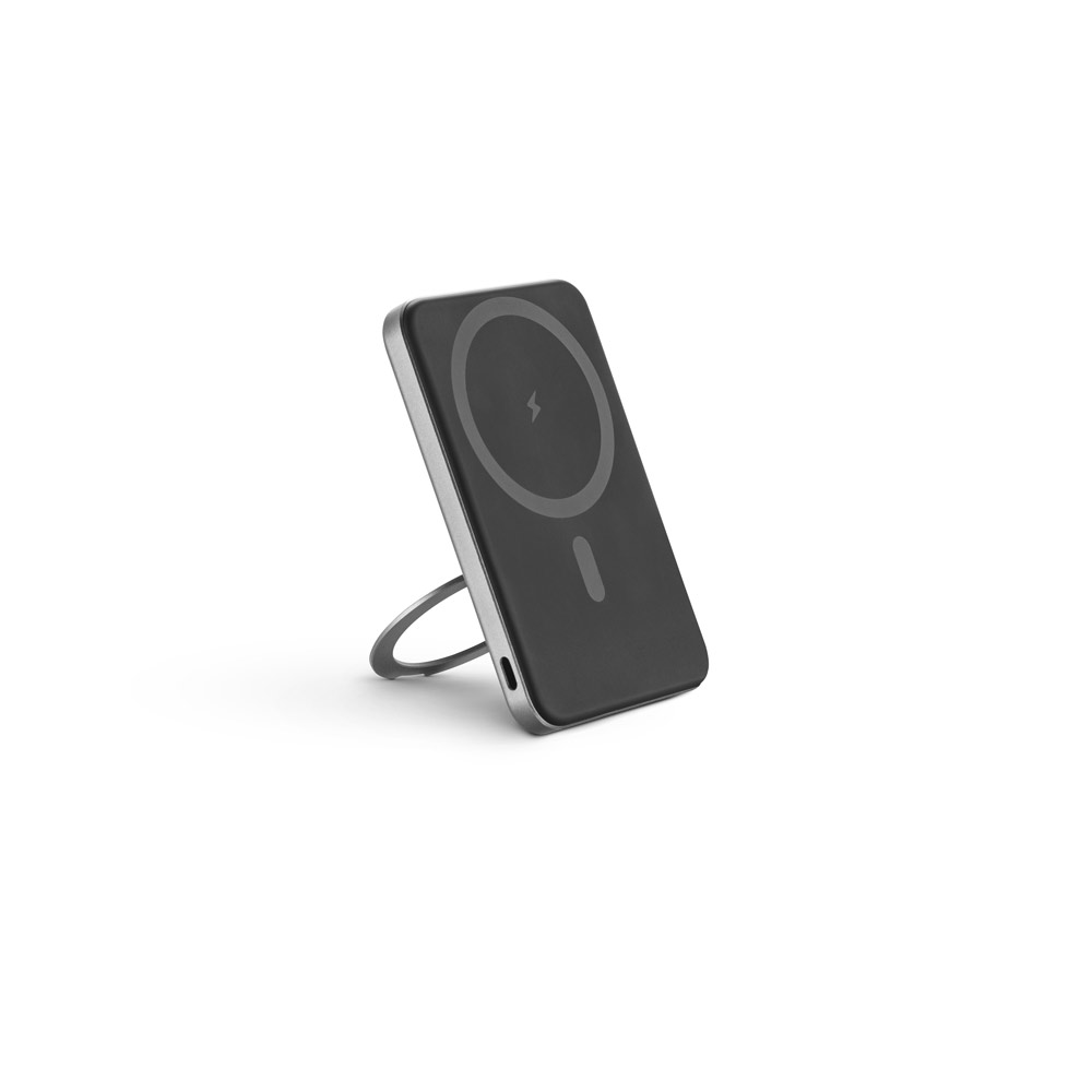 Bateria portátil magnética em ABS 100% reciclado com suporte, carregador por indução (wireless) super-rápido 15W e capacidade de 5'000 mAh